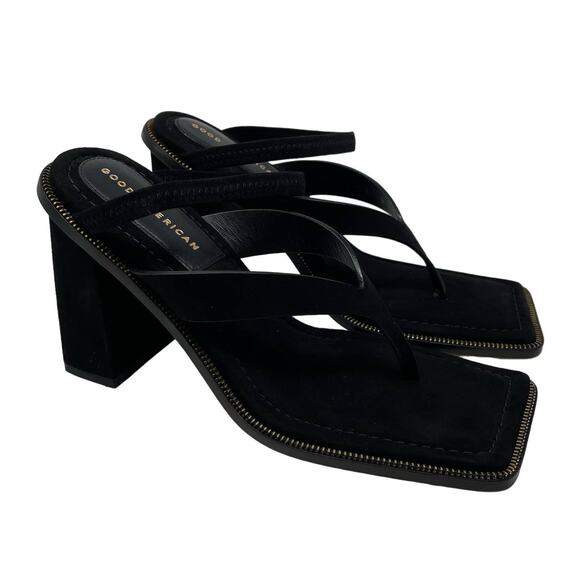 Good American Square Toe Thong Block Heels Suede Black Size 9 GA106S-X - Picture 1 of 7